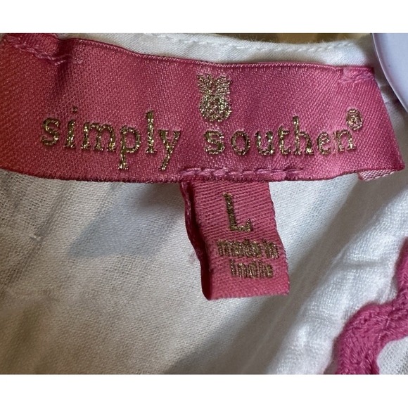 Simply Southern White Dress Pink Ric Rac Trim Pockets Embroidered Turtles Sz L - Picture 2 of 6